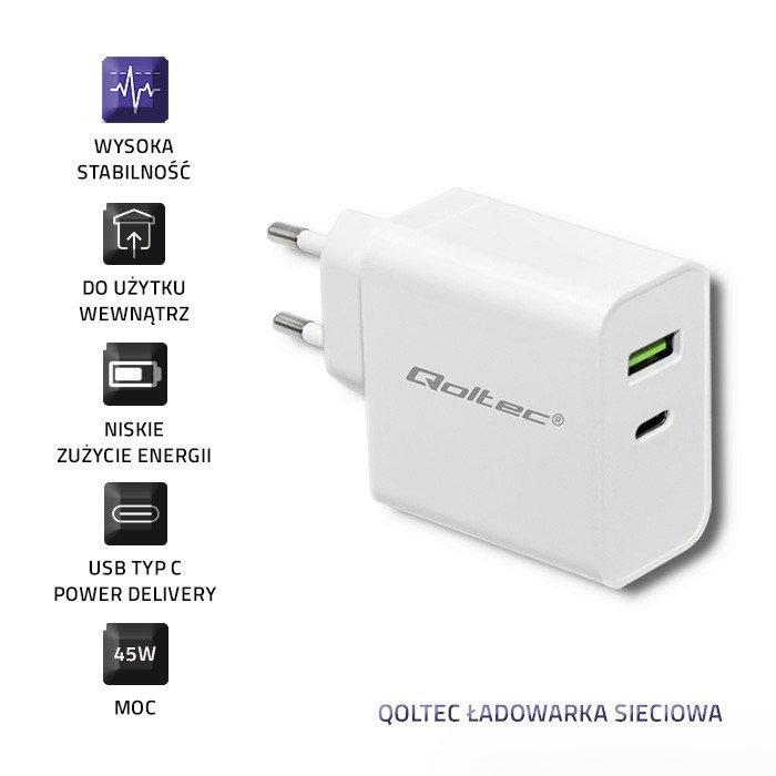 Qoltec 51718 Oplader | 45W | 5-20V | 2.4-3A | USB type C PD | USB | hvid #6