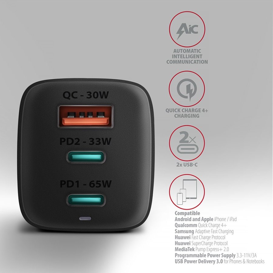 Axagon ACU-DPQ65 oplader til mobil enhed Mobiltelefon, Netbook, Laptop, Smartphone, SmartWatch, Tablet, Universel Sort Vekselstrm Hurtig opladning Indendrs #5