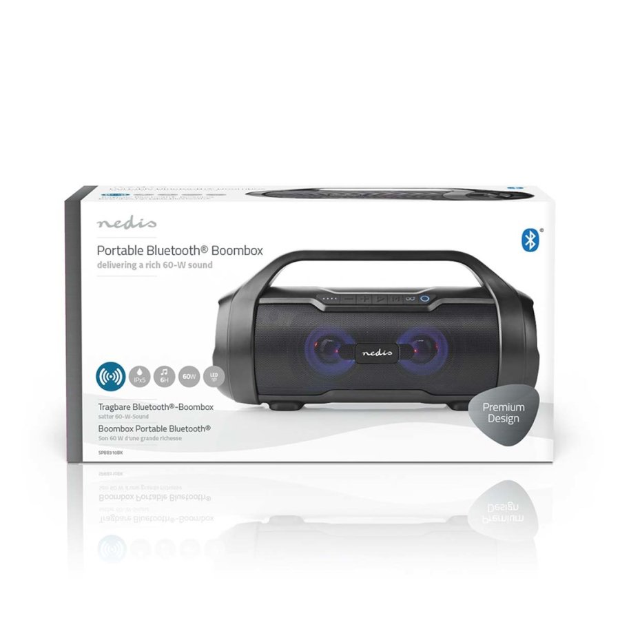 Bluetooth Party Boombox | 6 timer | 2.0 | 120 W | Medieafspilning: AUX / Micro SD / USB | IPX5 | Kan parres | Brehndtag | Fest lys | Sort #19