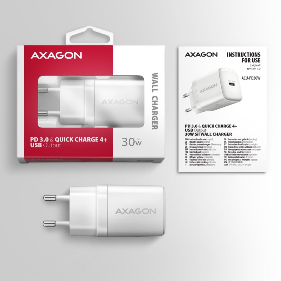 Axagon ACU-PD30W wall charger 1x QC3.0/AFC/FCP/PD type-C 30W white Mobiltelefon, Smartphone, SmartWatch, Tablet, Universel Hvid Vekselstrm Hurtig opladning Indendrs #8