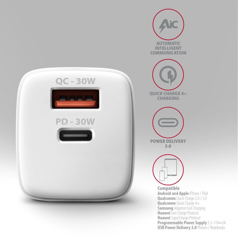 Axagon ACU-PQ30W Ladegert QC3.0.4.0/AFC/FCP/PPS/Apple+ PD USB-C 30W - wei - USB Typ C Mobiltelefon, Smartphone, SmartWatch, Tablet, Universel Hvid Vekselstrm Hurtig opladning Indendrs #5