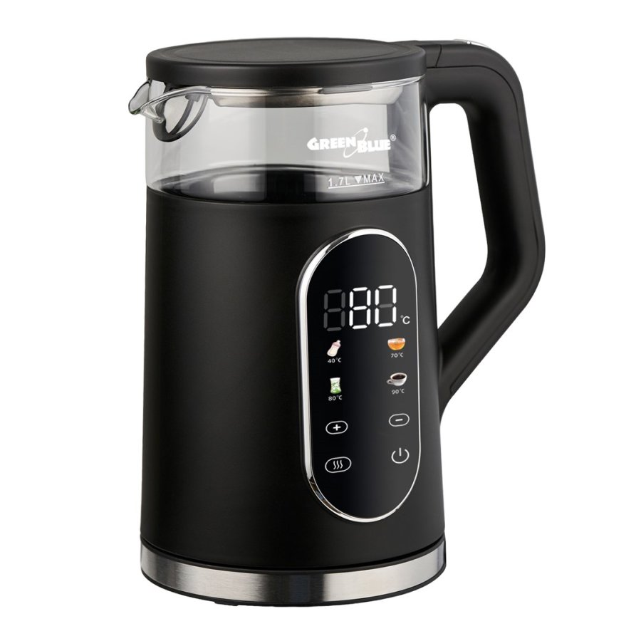 GreenBlue tr�dl�s elkedel, 1,7 l, vandbeholder i glas, letl�seligt display, temperaturvalg, 2200 W, GB670 B #9