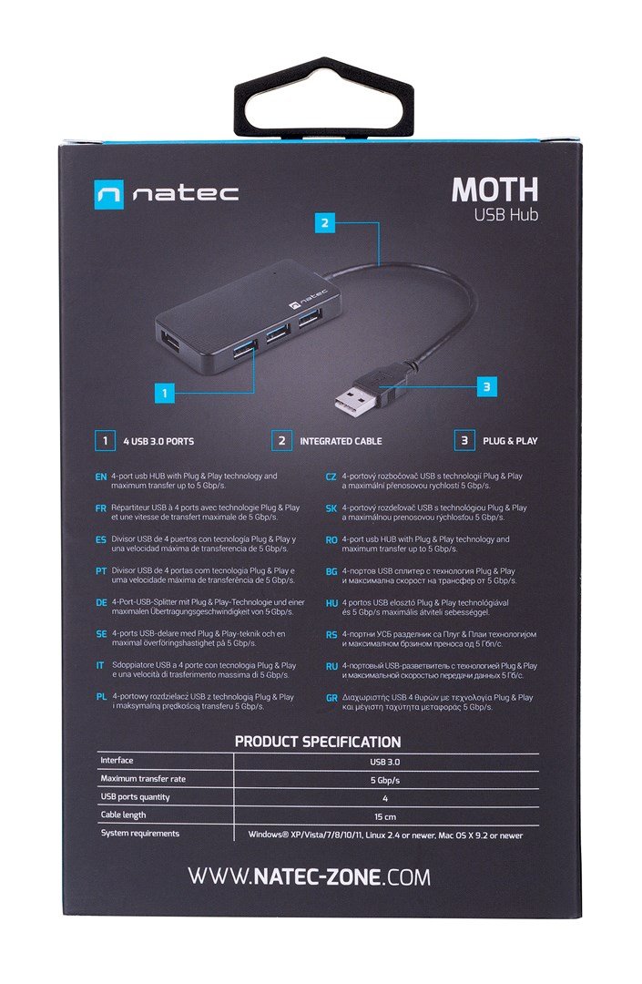 NATEC Hub USB 3.0 Moth (4 porte, sort) #9