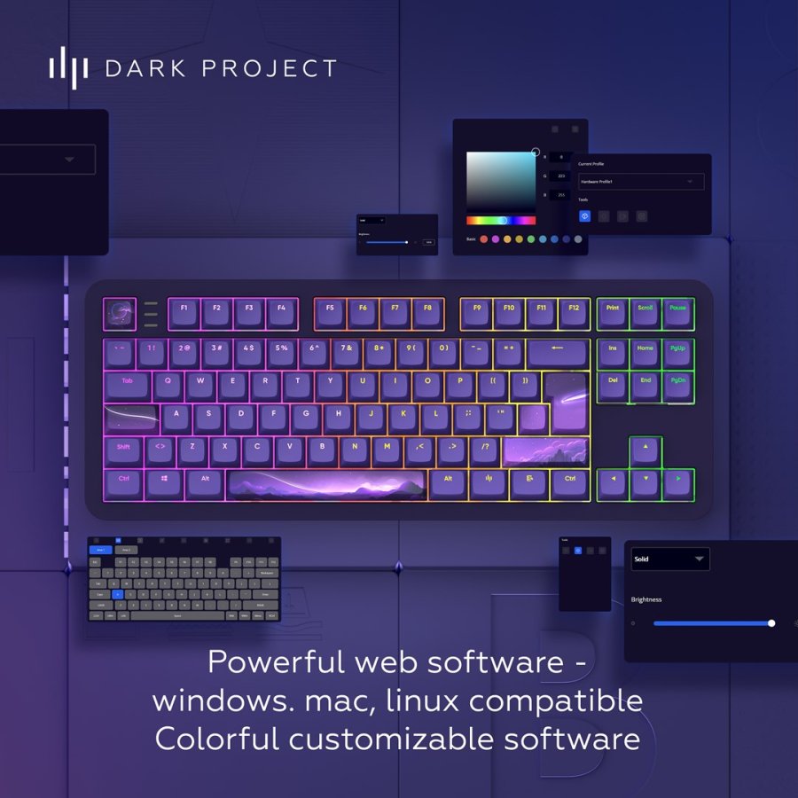 Dark Project ALU87B Celestial, G3MS Voidstone Switch, UK/DE/AT/ES/IT/FI/NO/SE/DK tastatur Spil USB QWERTZ Dansk, Engelsk, Tysk, Italiensk, Nordisk, Norsk, Spansk, Svensk, UK engelsk Lilla #21