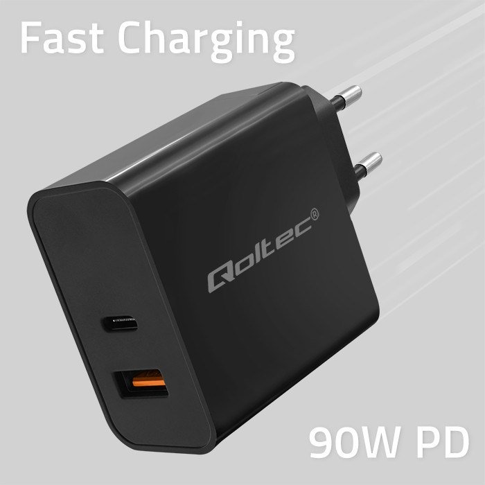 Qoltec 52381 Super Quick PD oplader | 1xUSB-C | 1xUSB| 90W | 5-20V | 2,4-4,35A | Sort #4