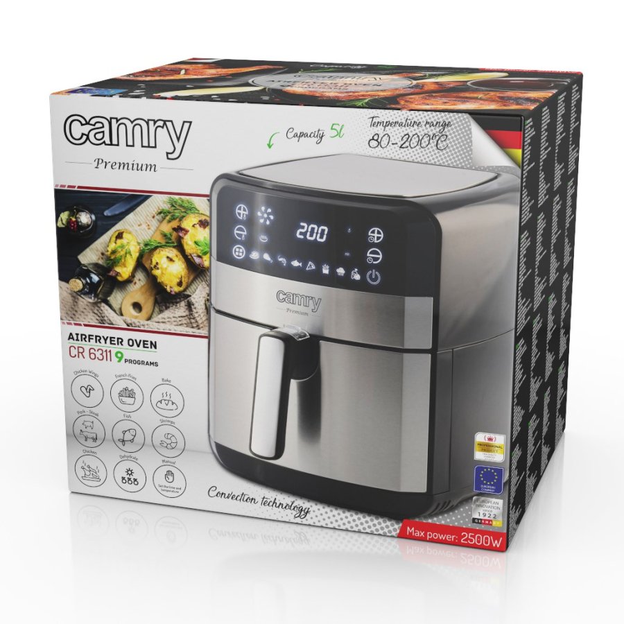 Camry Premium CR 6311 frituregryde Enkelt 5 L Enkeltstende 2500 W Varmluftsteger Sort, Rustfrit stl #15