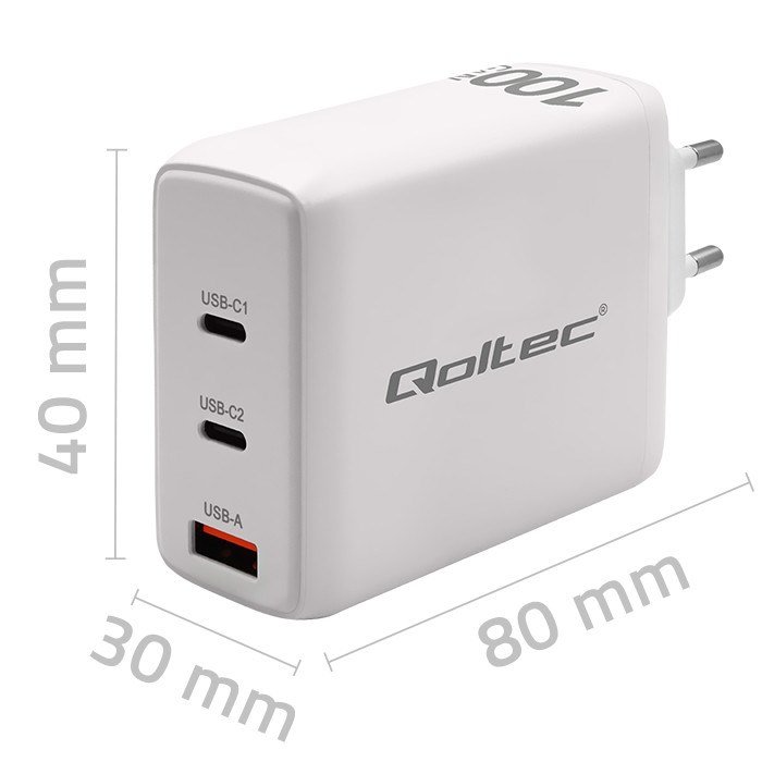 Qoltec 51826 GaN 100W oplader| 5-20V | 1,5-5A | 2 x USB-C PD | 1 x USB QC 3.0 #8