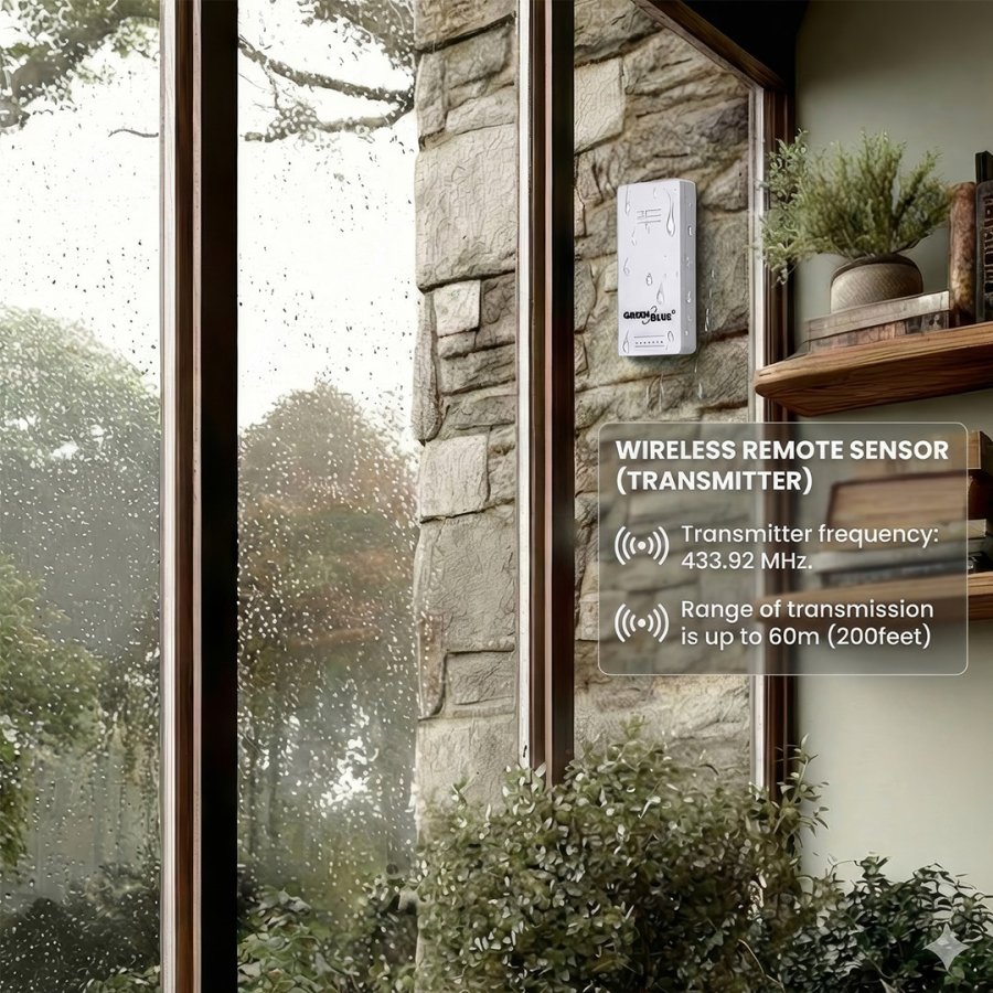 Tr�dl�s vejrstation GreenBlue, temperatur IN/OUT, ur, valg mellem �C / �F, r�kkevidde op til 60 m, GB162 #7