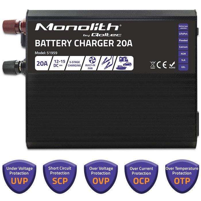 Qoltec 51959 Smart Monolith oplader til LiFePO4 AGM GEL SLA batterier | 20A | 12V #5