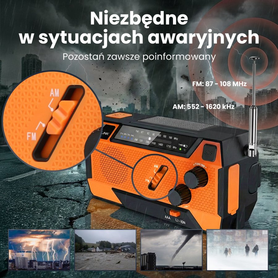 Extralink RADIO AWARYJNE SOLARNE Z KORBKA DYNAMO POWERBANK 4000MAH Z LATARKA SOS SR-4000 B�rbar Analog Sort, Orange #45