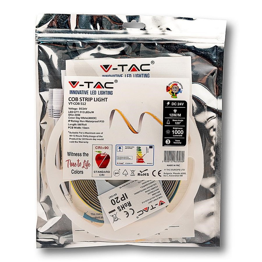LED-strimmel V-TAC VT-COB 512 meningsls 512LED COB 24V CRI90+ 12W/m 6000K 1000lm (SKU 2651) #3