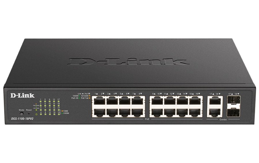 D-Link DGS-1100-18PV2 netv�rksswitch Administreret L2 Gigabit Ethernet (10/100/1000) Str�m over Ethernet (PoE) 1U Sort #1