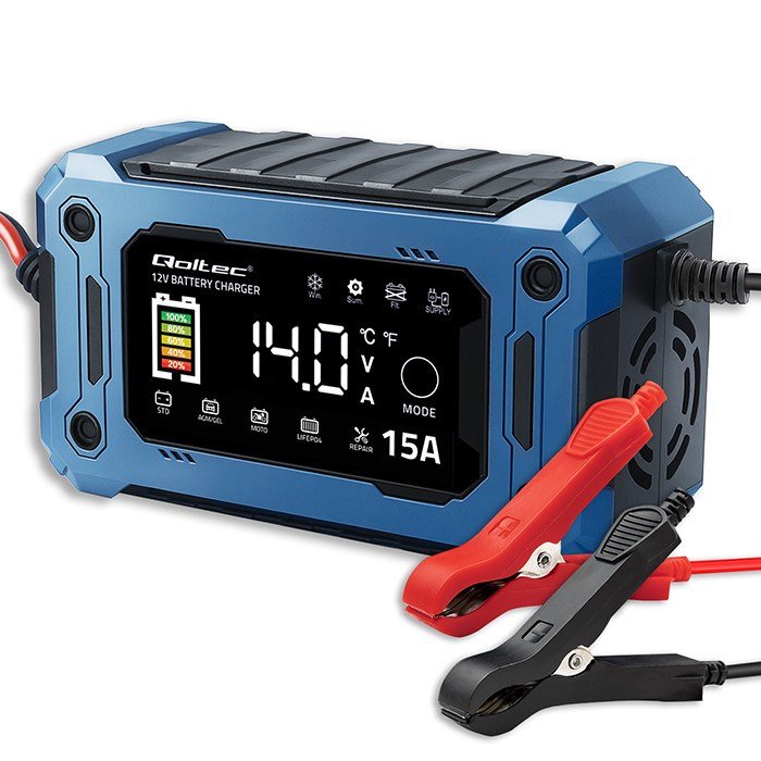 Qoltec 52496 Oplader 12V 15A | Ensretter med reparationsfunktion og opretholdelse af str�mforsyning under batteriudskiftning | til AGM GEL LiFePO4 | LCD #1