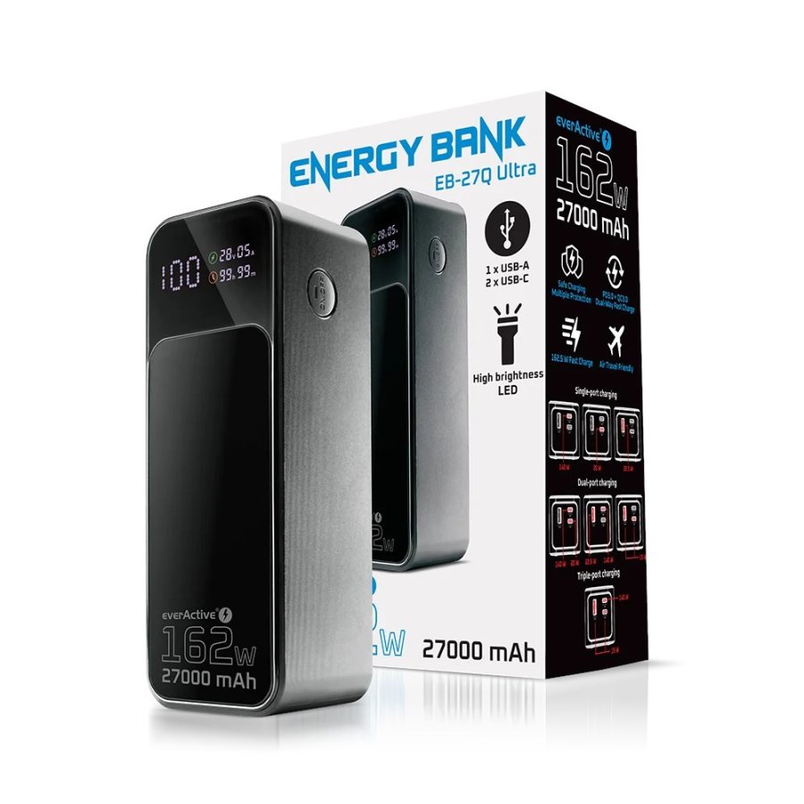 Powerbank 27 000mAh, 1x USB, 2x USB-C, 162,5W, QC4+, flashlight, LCD screen, black #10
