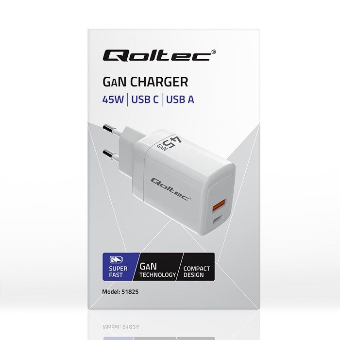 Qoltec 51825 GaN 45W oplader | 5-20V | 1.5-3A | 1 x USB-C PD | 1x USB QC 3.0 | Hvid #8