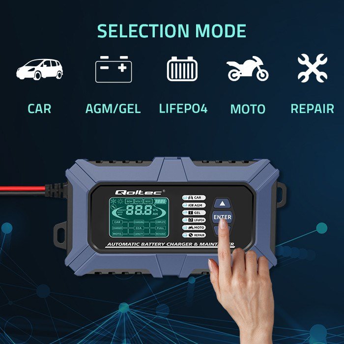 Qoltec 52488 Intelligent mikroprocessorbaseret oplader med batteritester og reparationsfunktion 12V | 6A | LCD | Batterioplader til AGM LiFePO4 GEL batterier #3