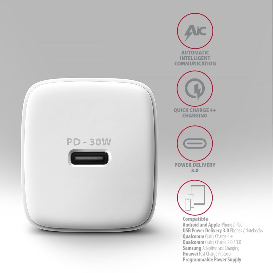 Axagon ACU-PD30W wall charger 1x QC3.0/AFC/FCP/PD type-C 30W white Mobiltelefon, Smartphone, SmartWatch, Tablet, Universel Hvid Vekselstrm Hurtig opladning Indendrs #4