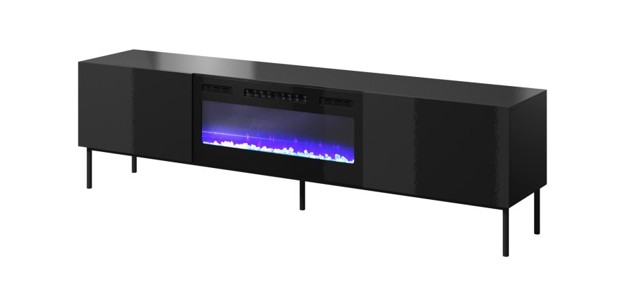 RTV-skab SLIDE 200K med elektrisk pejs p sort ramme 200x40x57 cm, alt i sort blank lak #1