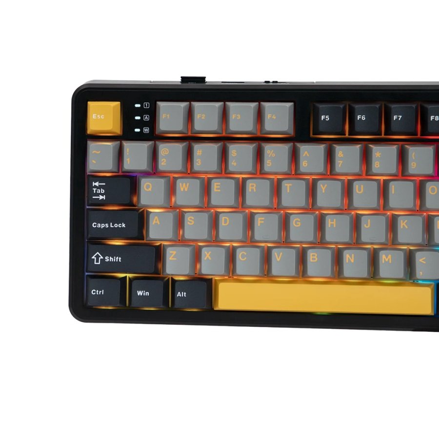 F108-tastatur med gasket-design i gr�, orange og m�rkegr� med Volcano-switches og RGB-belysning  AULA #7