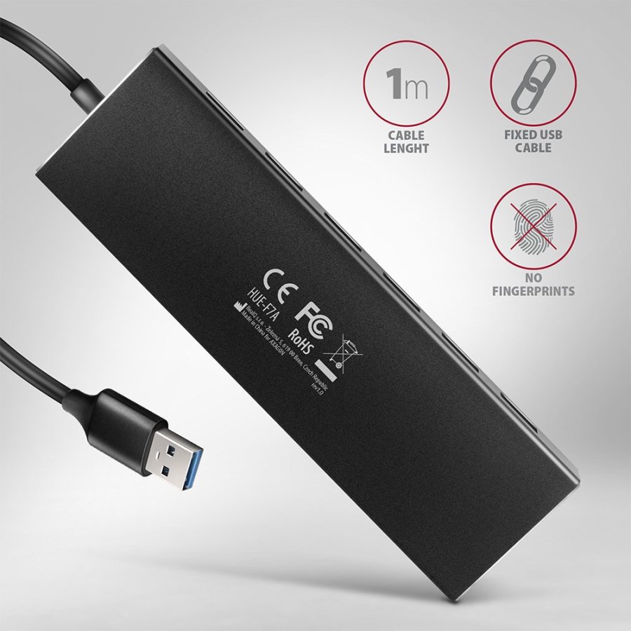 Axagon HUE-F7A 7x USB 3.2 Gen 1 ALU FLAT hub micro power IN 1m USB-A USB 3.2 Gen 1 (3.1 Gen 1) Type-A 5000 Mbit/s Sort #7