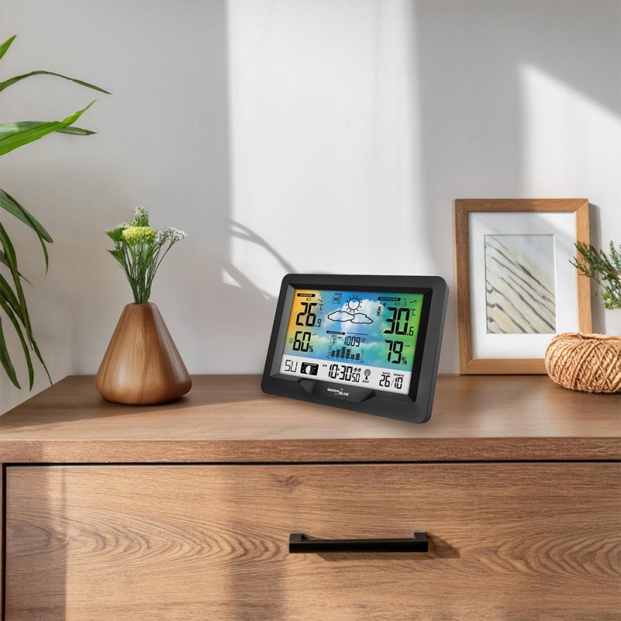 GreenBlue trdls vejrstation, farve, med DCF, mnefaser, barometer, kalender, strmforsyning, GB540N #13