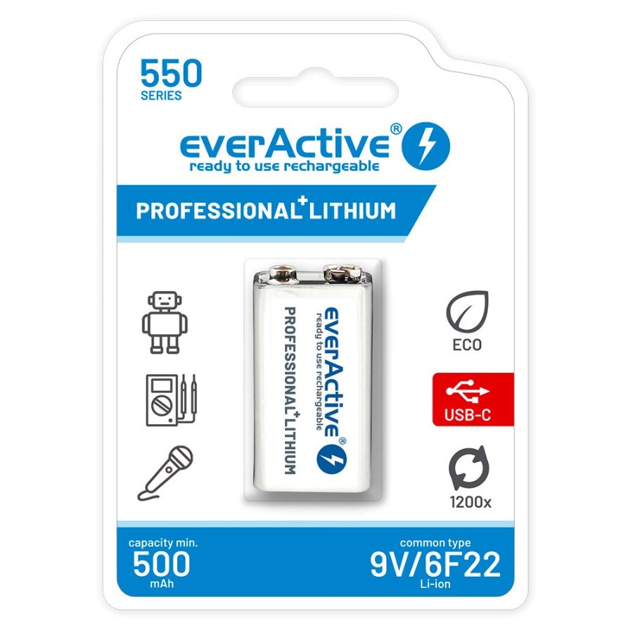 Genopladeligt batteri everActive 6F22/9V Li-ion 550 mAh med USB TYPE C #1