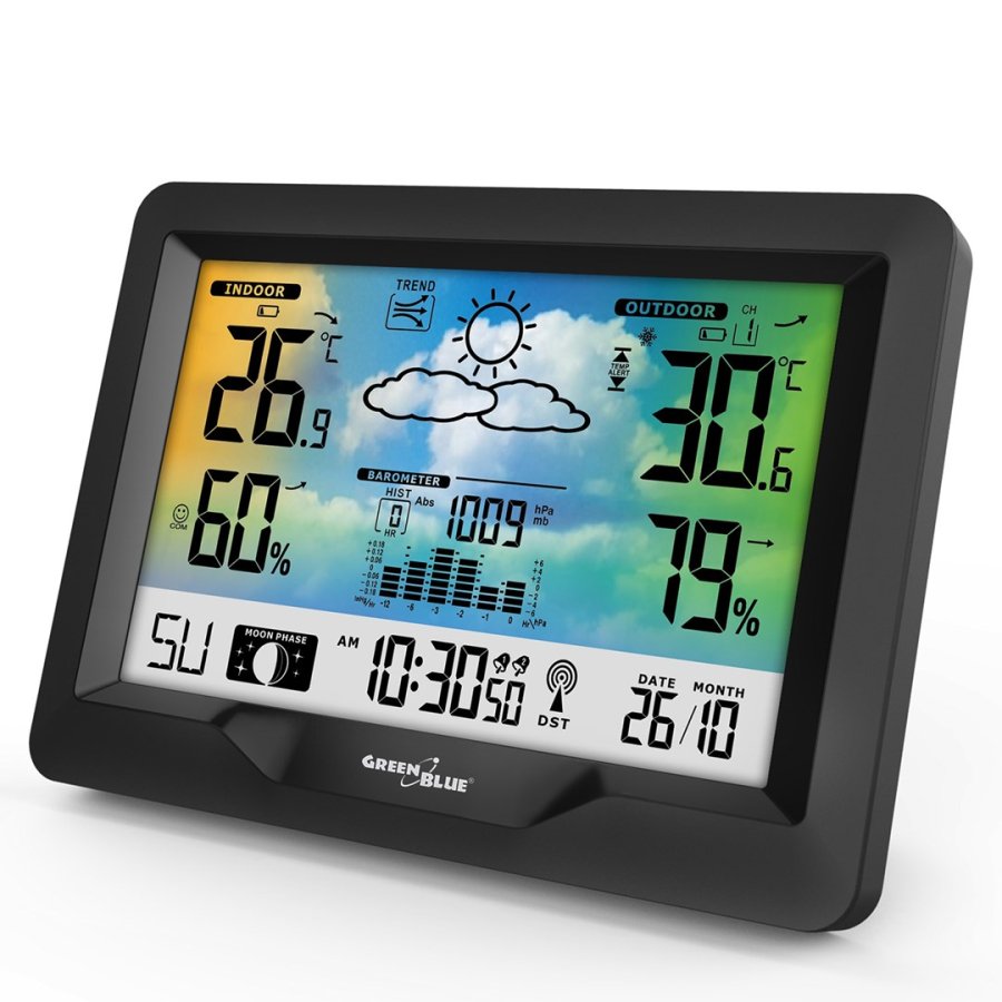 GreenBlue trdls vejrstation, farve, med DCF, mnefaser, barometer, kalender, strmforsyning, GB540N #1