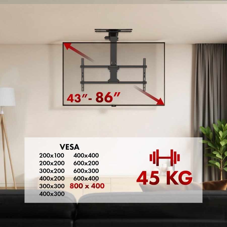 Elektrisk TV-holder fra Maclean, loftmonteret, Tuya-kompatibel, maks. VESA 800x400, justerbar i position +90~-90, til TV 43-86