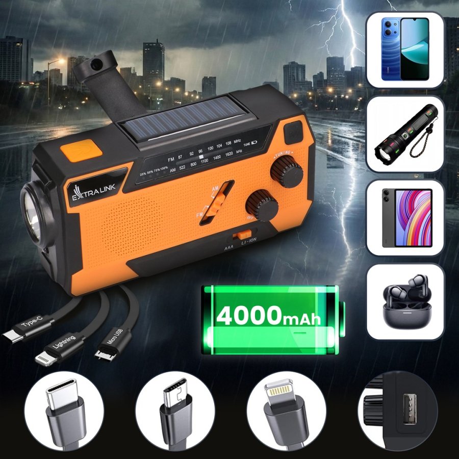 Extralink RADIO AWARYJNE SOLARNE Z KORBKA DYNAMO POWERBANK 4000MAH Z LATARKA SOS SR-4000 B�rbar Analog Sort, Orange #31