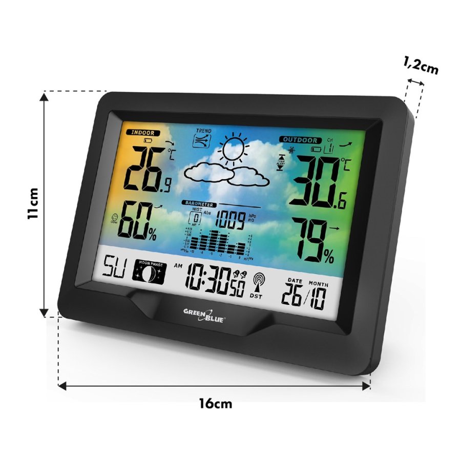 GreenBlue trdls vejrstation, farve, med DCF, mnefaser, barometer, kalender, strmforsyning, GB540N #15