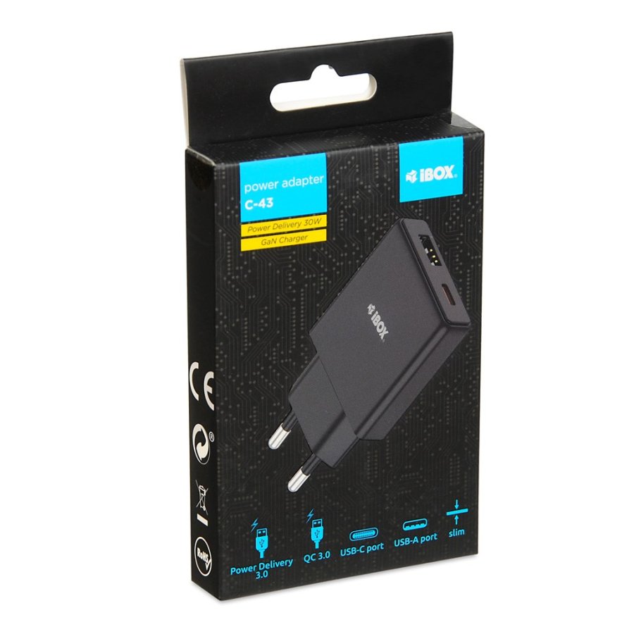 iBOX C-43 Slim GaN PD30W netoplader, sort #5