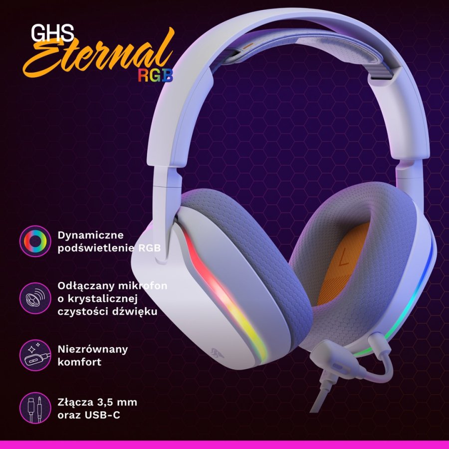 Glorious Gaming GHS Eternal RGB Headset Ledningsf�rt Spil USB Type-C Hvid #14