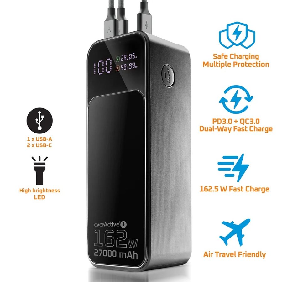 Powerbank 27 000mAh, 1x USB, 2x USB-C, 162,5W, QC4+, flashlight, LCD screen, black #11