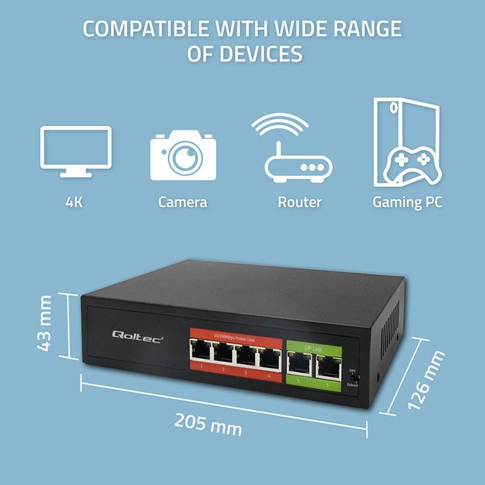 Qoltec 52289 HURTIG Ethernet PoE-SWITCH | 4x RJ45 PoE | 2x RJ45 Uplink | 65W | 10/100 Mb/s #2
