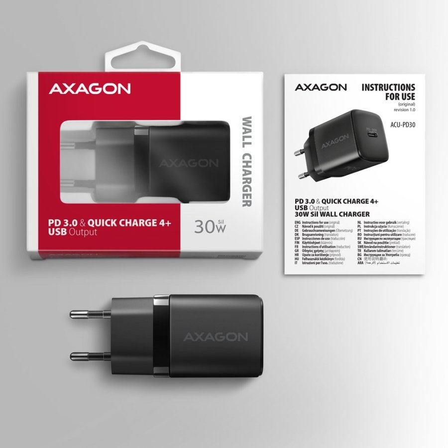 Axagon ACU-PD30 kroviklis jungiama tinkl PD 30W, 1x port USB-C, PD3.0/QC3.0/AFC/FCP/Apple Juoda Mobiltelefon, Smartphone, SmartWatch, Tablet, Universel, Ur Sort Vekselstrm Hurtig opladning Indendrs #8