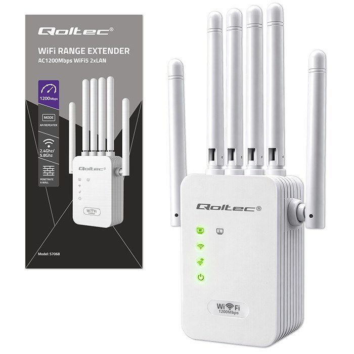 Qoltec 57068 WiFi 5 signalforst�rker | Repeater | Adgangspunkt | AC1200 | 6 antenner | 2x RJ45 | 128MB #57