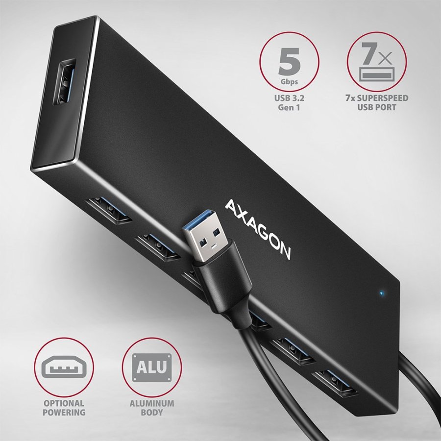 Axagon HUE-F7A 7x USB 3.2 Gen 1 ALU FLAT hub micro power IN 1m USB-A USB 3.2 Gen 1 (3.1 Gen 1) Type-A 5000 Mbit/s Sort #3