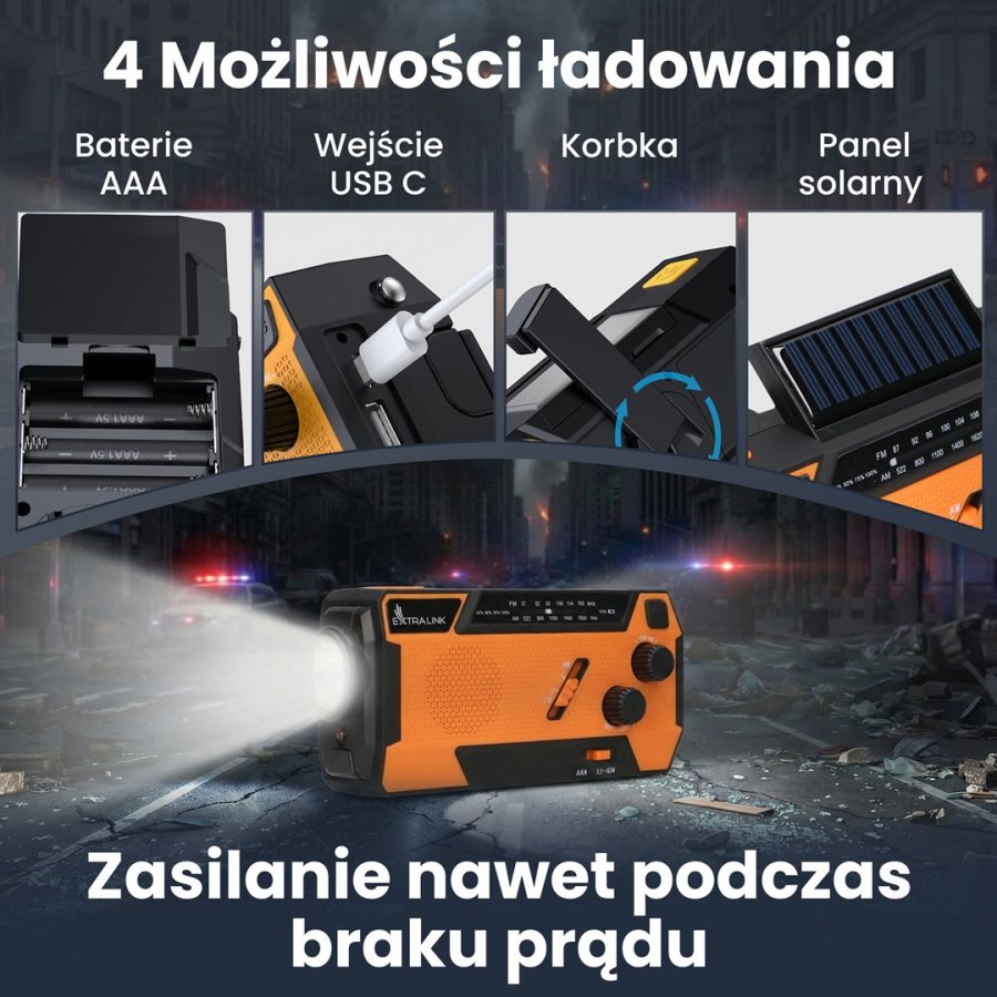 Extralink RADIO AWARYJNE SOLARNE Z KORBKA DYNAMO POWERBANK 4000MAH Z LATARKA SOS SR-4000 B�rbar Analog Sort, Orange #32