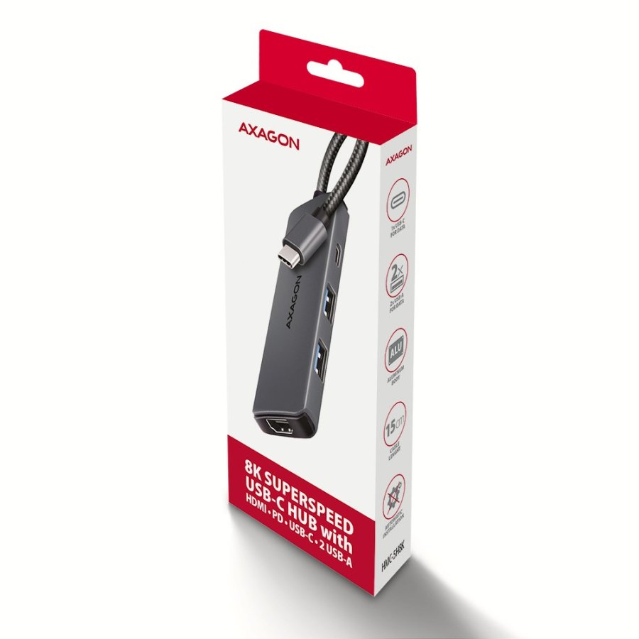 Axagon HMC-5H8K USB 5Gbps hub 2x USB-A USB-C HDMI 8k/30Hz PD 100W kabel USB-C Ledningsfrt USB 3.2 Gen 1 (3.1 Gen 1) Type-C Gr #9