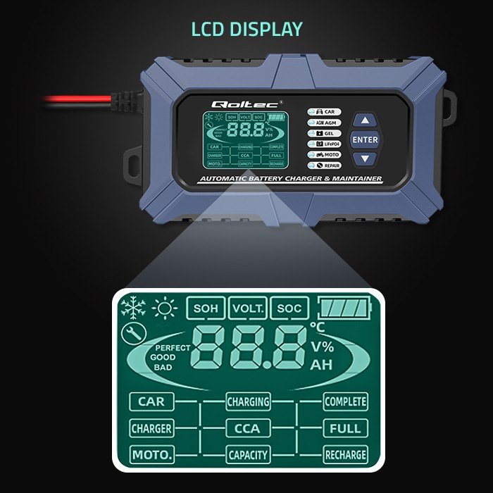 Qoltec 52488 Intelligent mikroprocessorbaseret oplader med batteritester og reparationsfunktion 12V | 6A | LCD | Batterioplader til AGM LiFePO4 GEL batterier #5