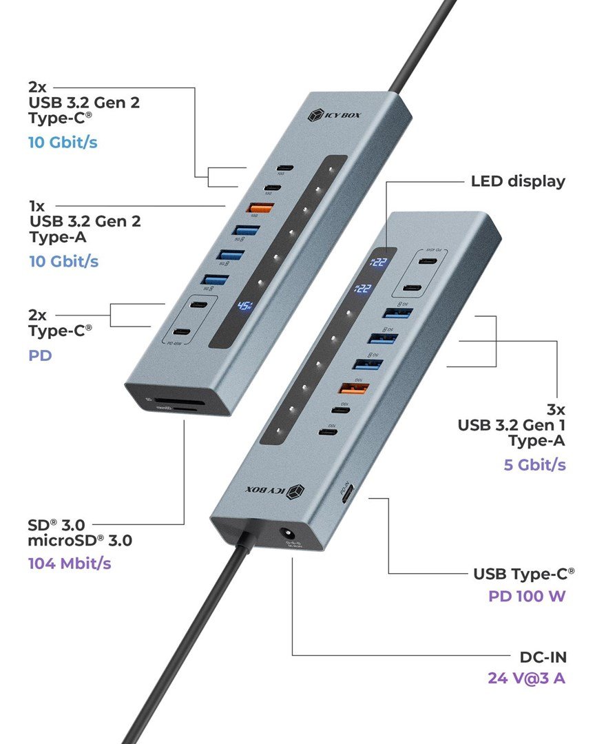 ICY BOX IB-HUB1742CR-C2PD USB 3.2 Gen 2 (3.1 Gen 2) Type-A + Type-C 10000 Mbit/s Sort #3