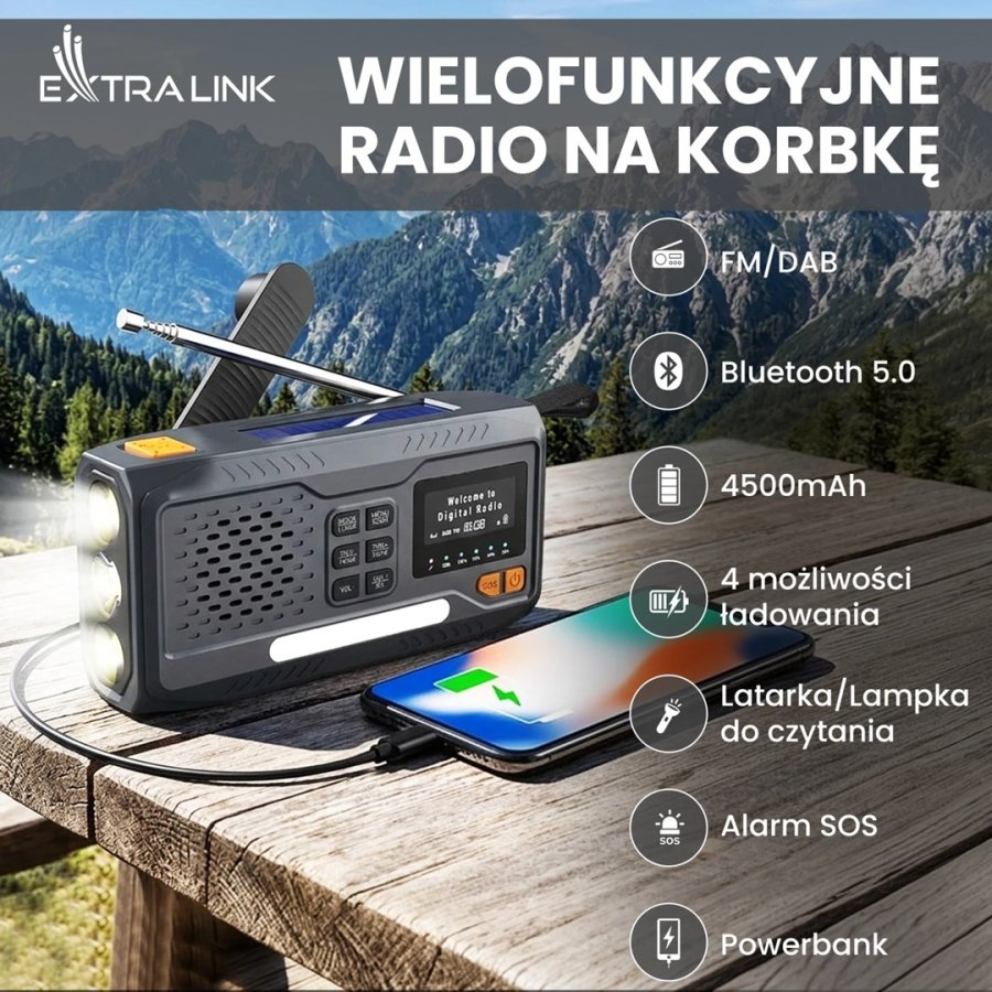 Extralink RADIO AWARYJNE BLUETOOTH SOLARNE Z KORBKA DYNAMO POWERBANK 4000MAH Z LATARKA SOS BT-4000 B�rbar Analog & digital Sort, Orange #4