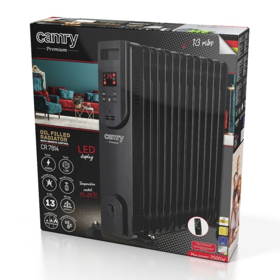Elektrisk olievarmer med fjernbetjening CAMRY CR 7814 13 finner, 2500 W sort #13