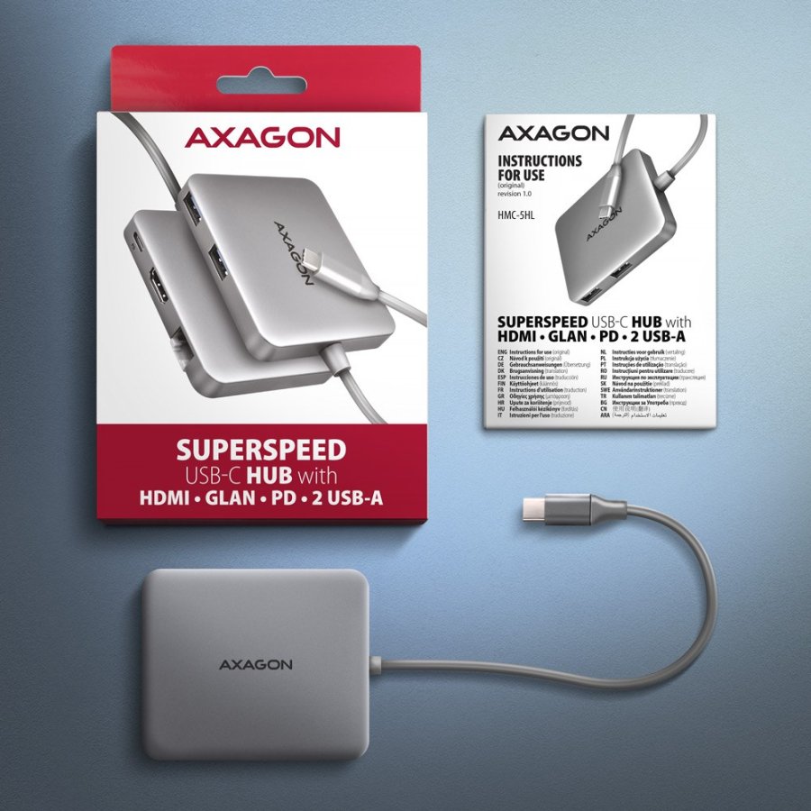 Axagon N HMC-5HL USB 5Gbps hub 2x USB-A HDMI 4k/60Hz RJ-45 GLAN PD 100W kabel USB-C Ledningsfrt USB 3.2 Gen 1 (3.1 Gen 1) Type-C Slv #7