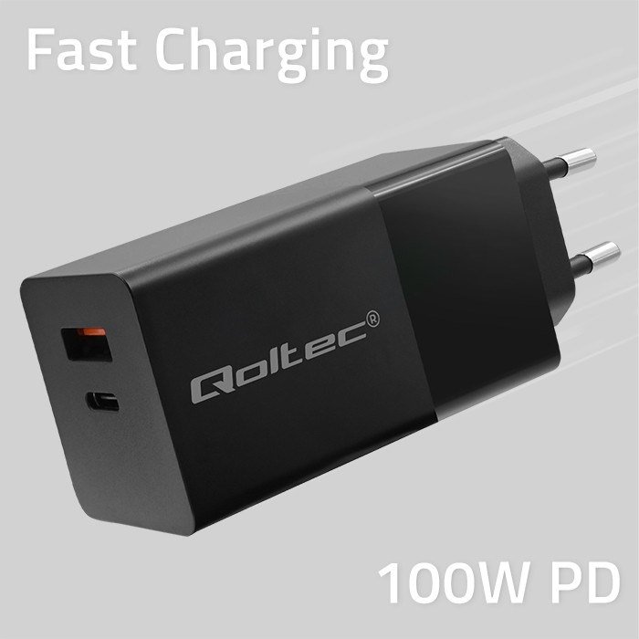 Qoltec 52382 GaN POWER PRO oplader | 1xUSB type C | 1xUSB A | 100W | 5-20V | 1,5-5A | PD | Sort #2