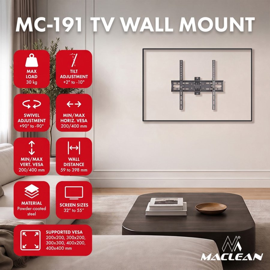 Maclean TV-beslag/oph�ng, maks. VESA 400x400, 32-55
