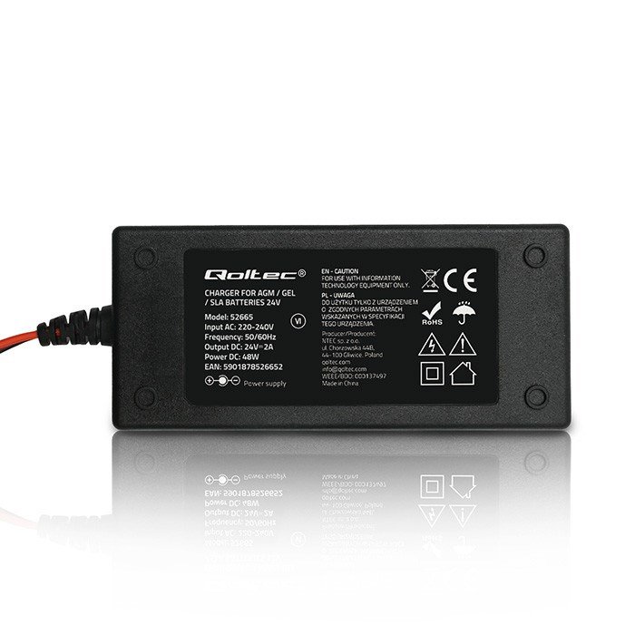 Qoltec 52665 Automatisk oplader til AGM GEL STD-batterier | 24V oplader | 2A | 48W | LED | 1,8m kabel #5