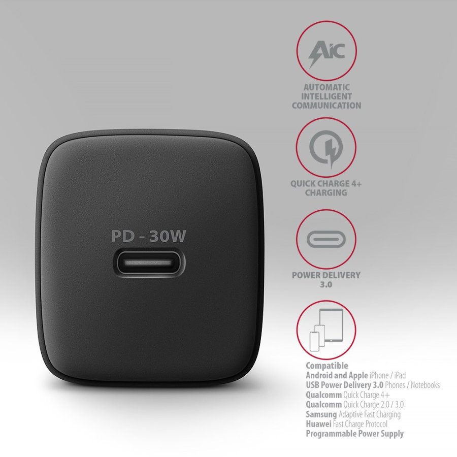 Axagon ACU-PD30 kroviklis jungiama tinkl PD 30W, 1x port USB-C, PD3.0/QC3.0/AFC/FCP/Apple Juoda Mobiltelefon, Smartphone, SmartWatch, Tablet, Universel, Ur Sort Vekselstrm Hurtig opladning Indendrs #4