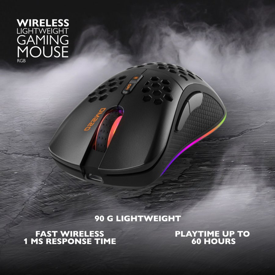 Deltaco Gaming DM220 Tr�dl�s ultralet gaming mus, 70g v�gt, RGB, PAW3212, 400-4800 DPI, 1000 Hz, sort #2