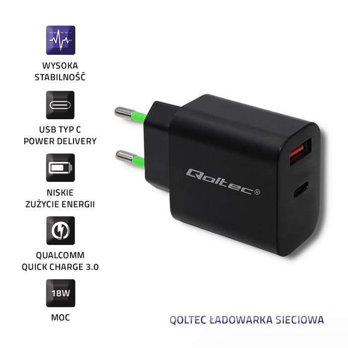Qoltec 51713 Oplader | 18W | 5-12V | 1,5-3A | USB type C PD | USB QC 3.0 | Sort #3